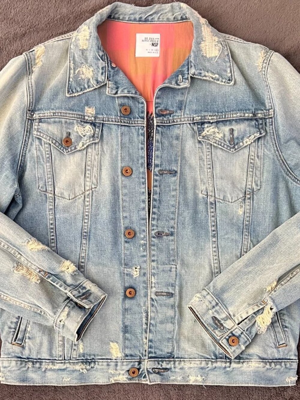 Bliss and Mischief x NSF Embroidered Denim Jacket XL Distressed